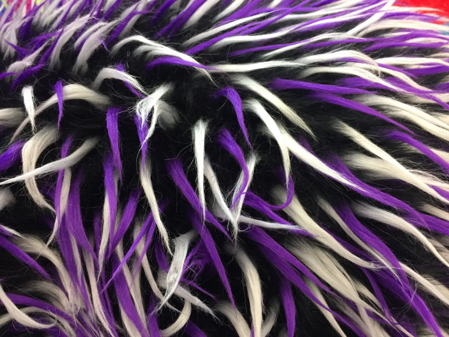 3 tone spikes faux fur- black/white/purple. Shaggy faux fur-fashion-jackets-apparel-decorations-throw blankets-sold by the yard.