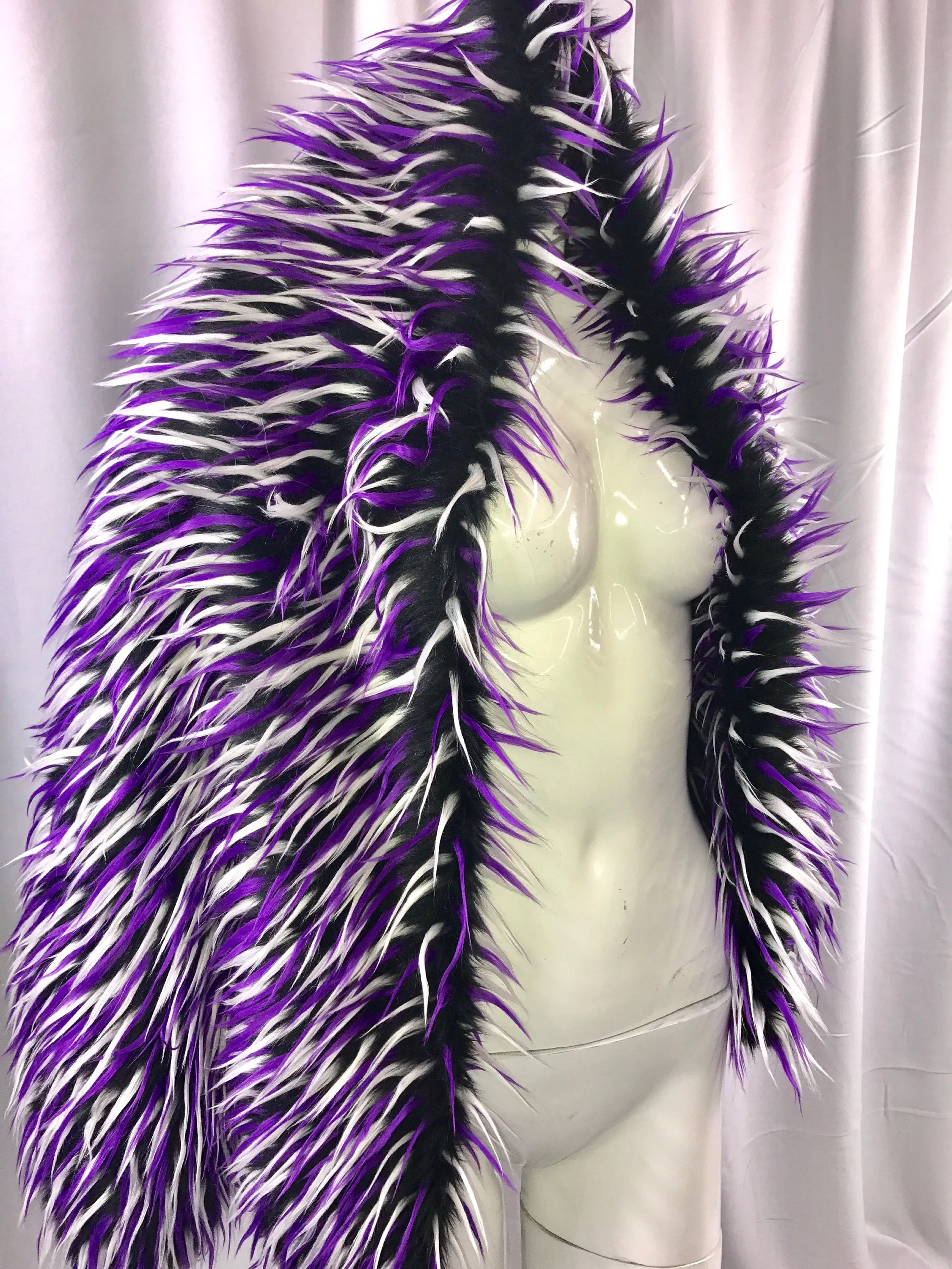 3 tone spikes faux fur- black/white/purple. Shaggy faux fur-fashion-jackets-apparel-decorations-throw blankets-sold by the yard.