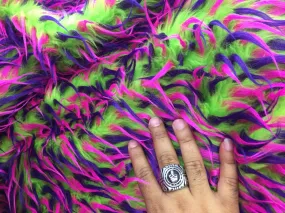 3 tone spikes faux fur- lime green/purple/fuchsia. Shaggy faux fur sold by the yard.