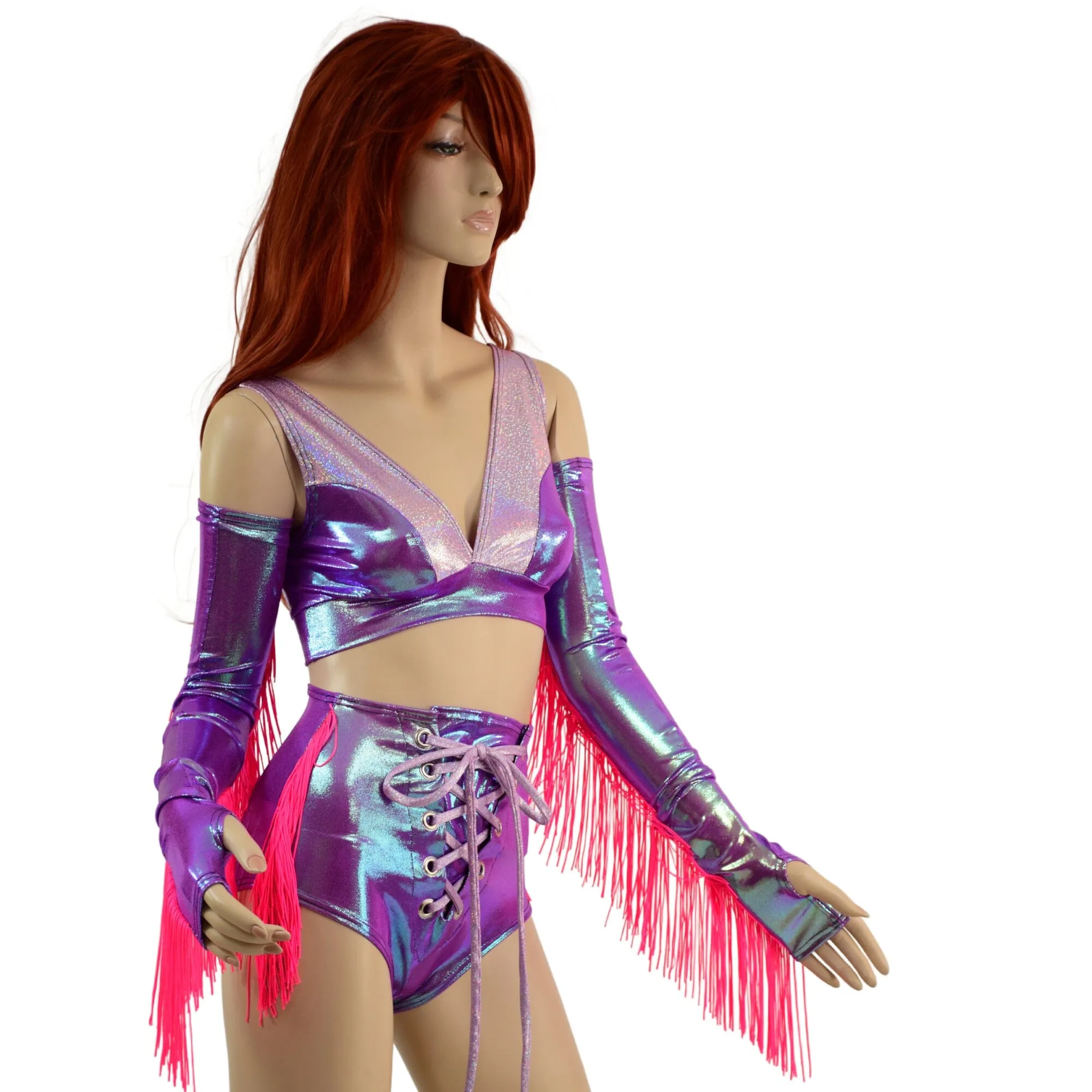 4PC Laceup Fringe Shorts, Fingerless Gloves, and Bralette Set