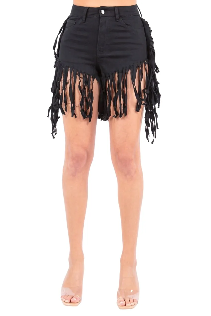 American Bazi Women's High Waist Fringed Mini Shorts