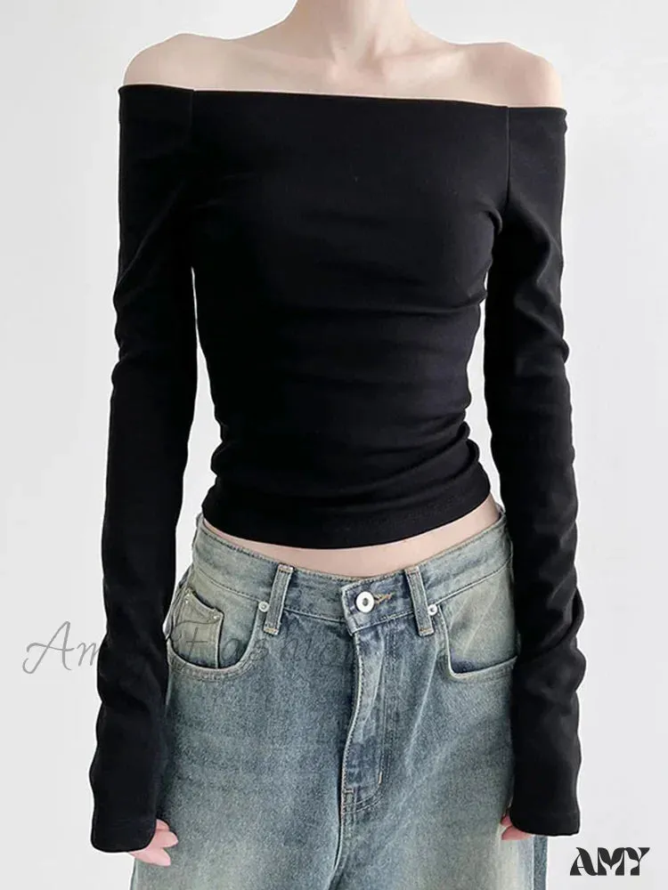 AMY - Elegant Slim Sexy Cropped Black Long Sleeve Korean Fall Crop Top