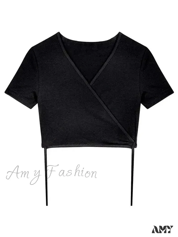 AMY - Solid V-neck Sexy Harajuku Korean Street T-shirts Crop Top