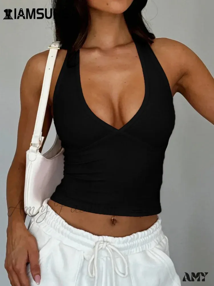 Basic Solid Backless Halter Sexy Slim Deep V-Neck Crop Top