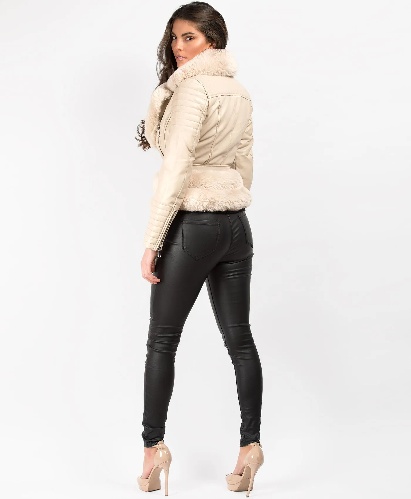 Beige Faux Fur Trim PU PVC Belted Biker Jacket