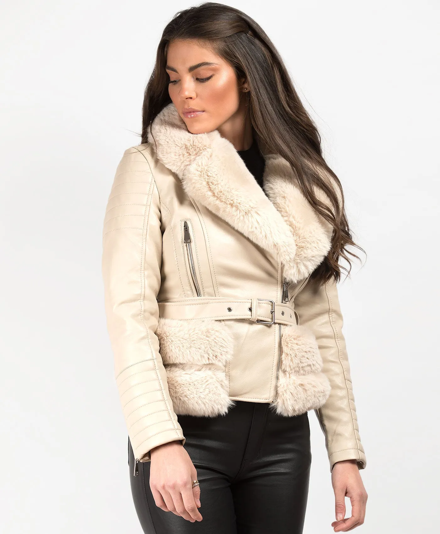 Beige Faux Fur Trim PU PVC Belted Biker Jacket