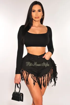 Black Denim High Waist Fringe Hem Shorts