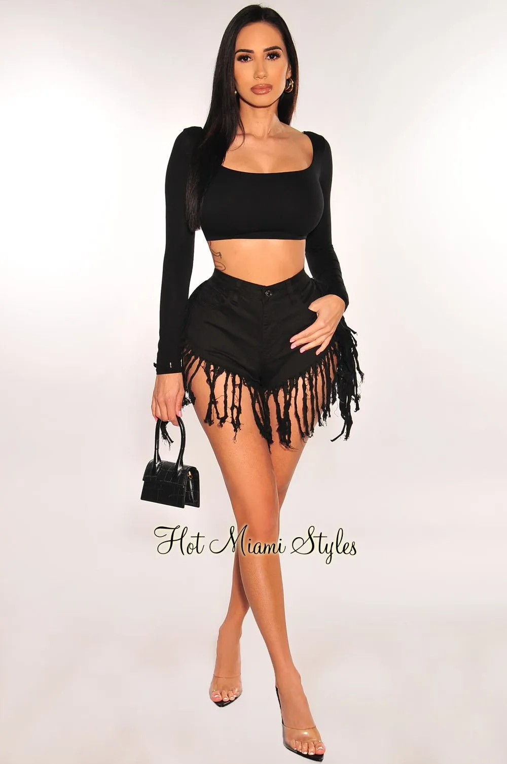 Black Denim High Waist Fringe Hem Shorts