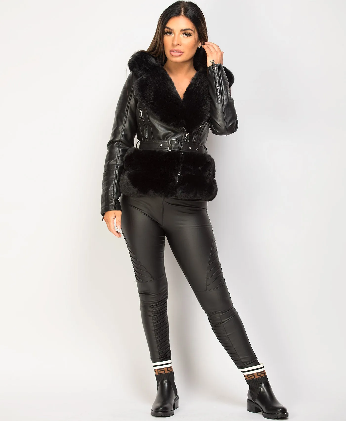 Black Faux Fur Trim PU PVC Hooded Biker Jacket