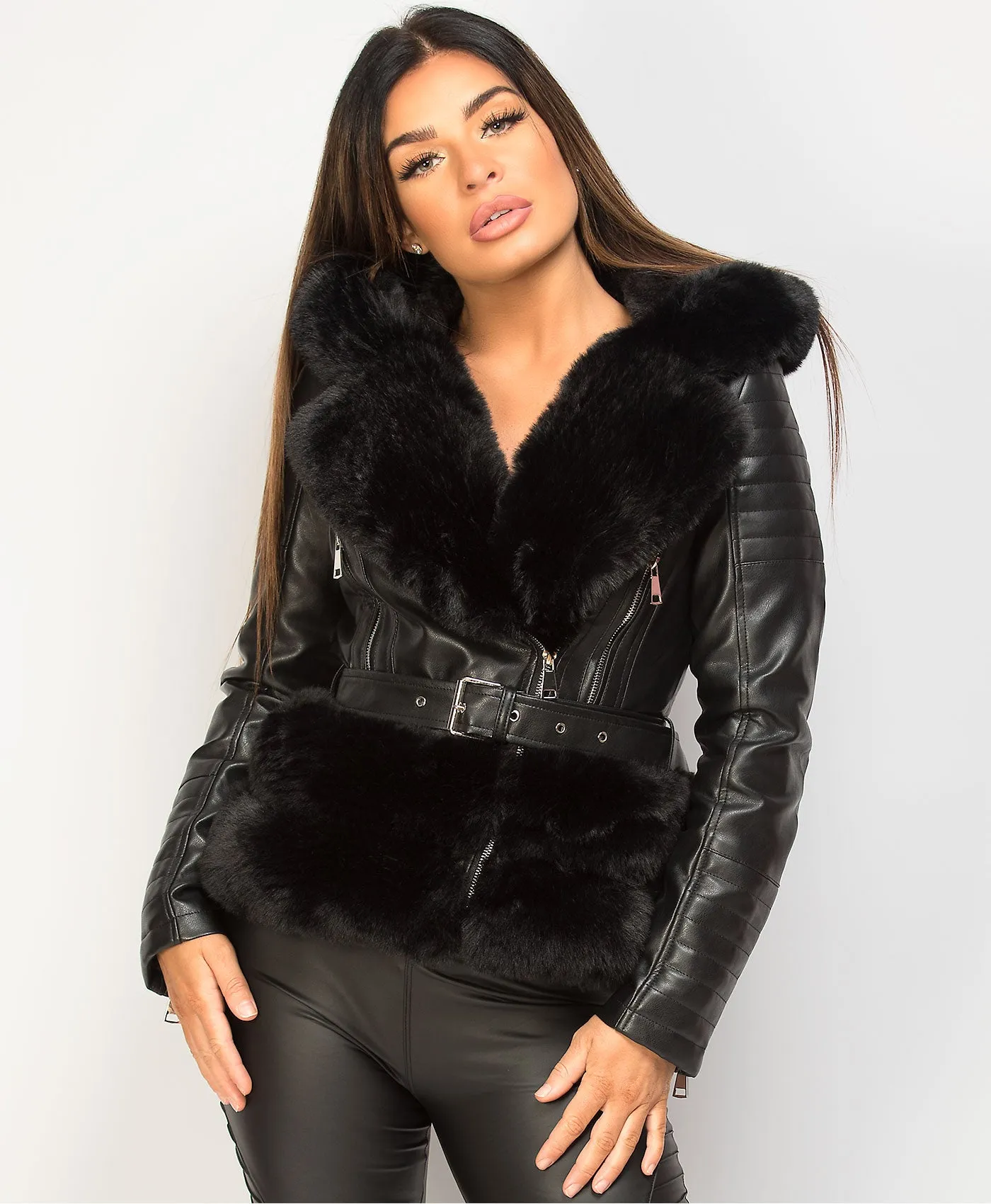 Black Faux Fur Trim PU PVC Hooded Biker Jacket