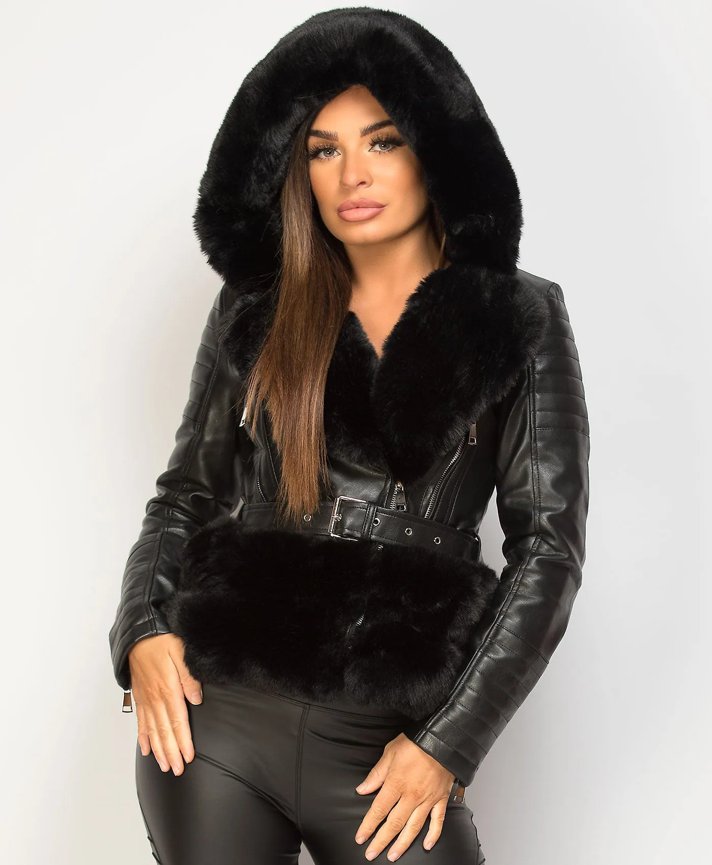 Black Faux Fur Trim PU PVC Hooded Biker Jacket