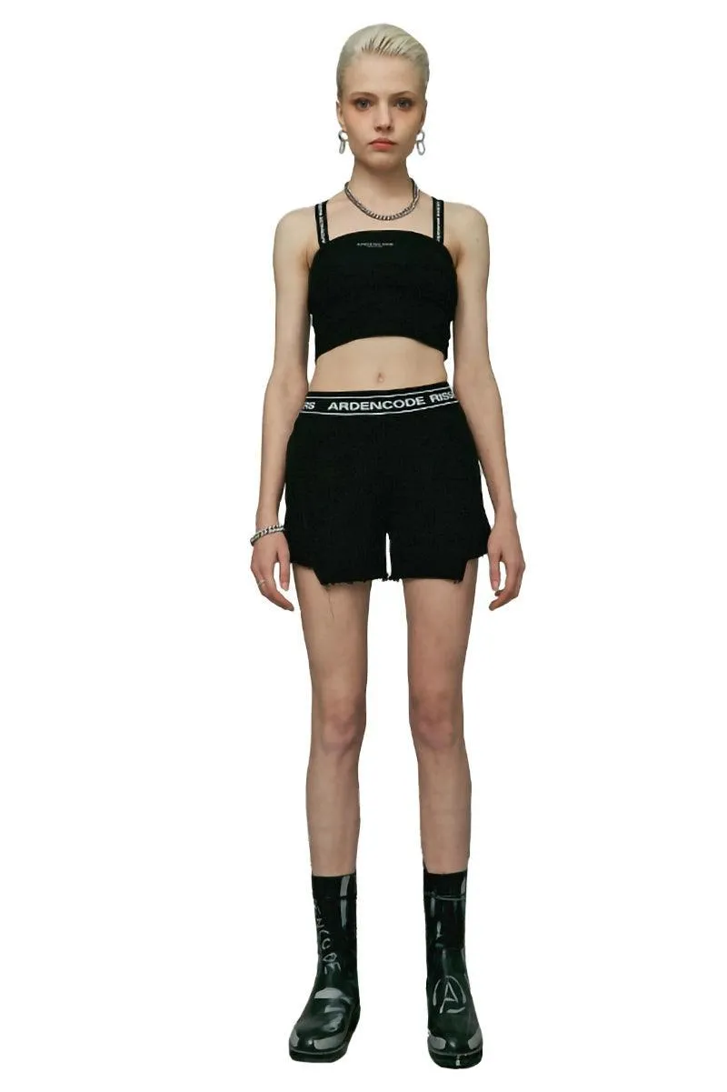 Black Fringed Logo Shorts