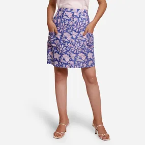 Blue Floral Block Print Cotton Short Skirt