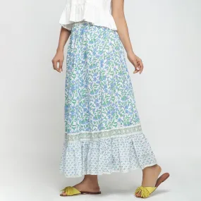 Blue Floral Block Printed Elasticated Mid-Rise Cotton Tier Skirt