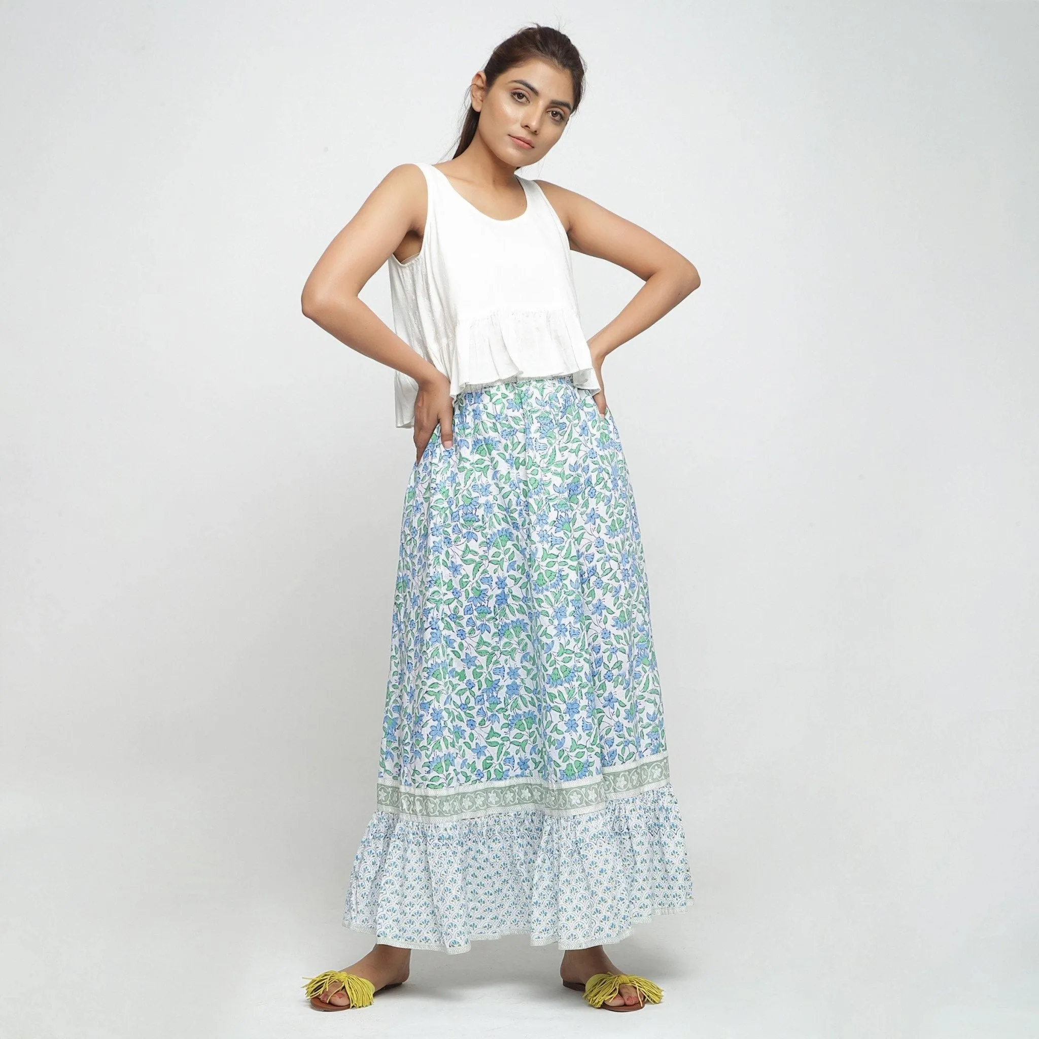 Blue Floral Block Printed Elasticated Mid-Rise Cotton Tier Skirt