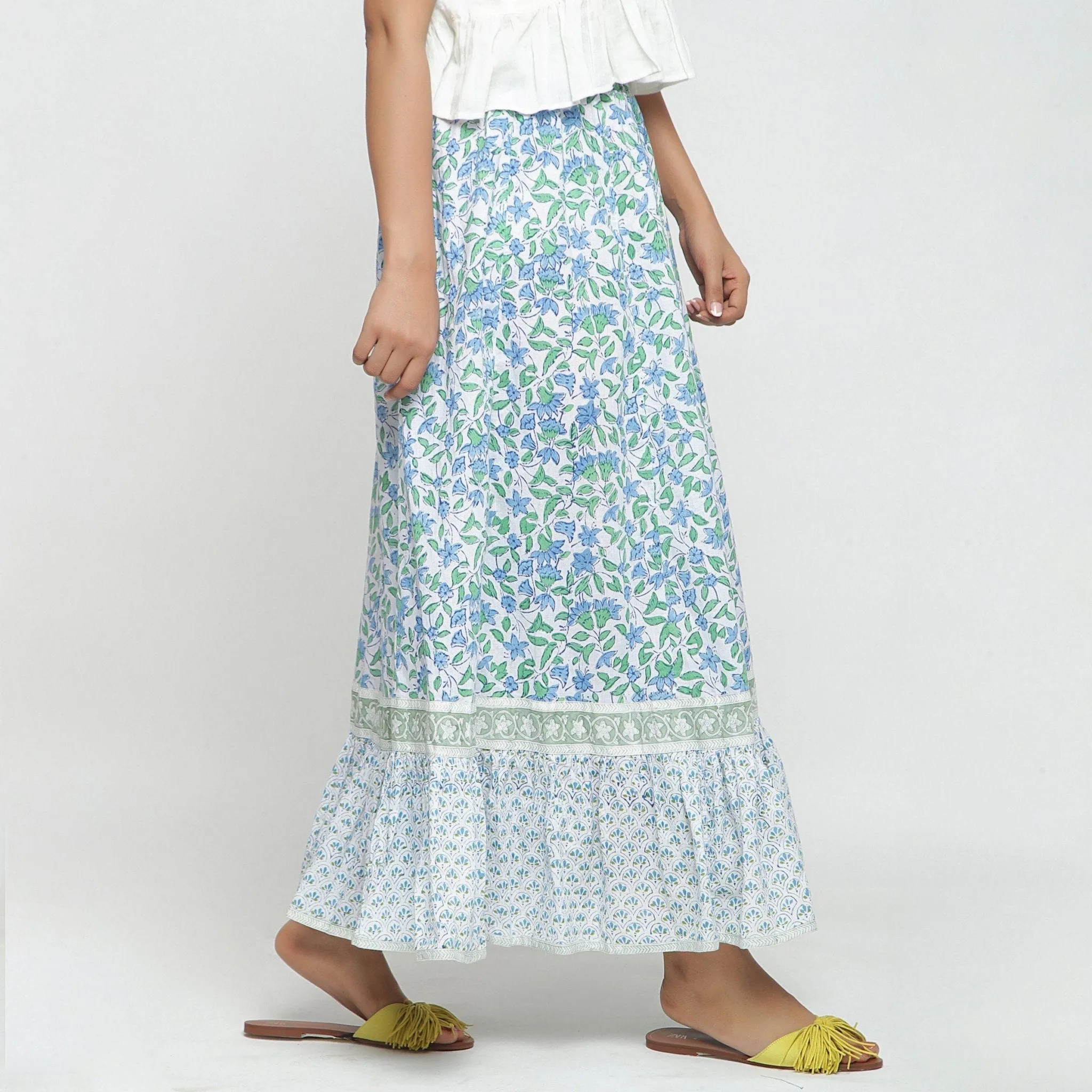 Blue Floral Block Printed Elasticated Mid-Rise Cotton Tier Skirt