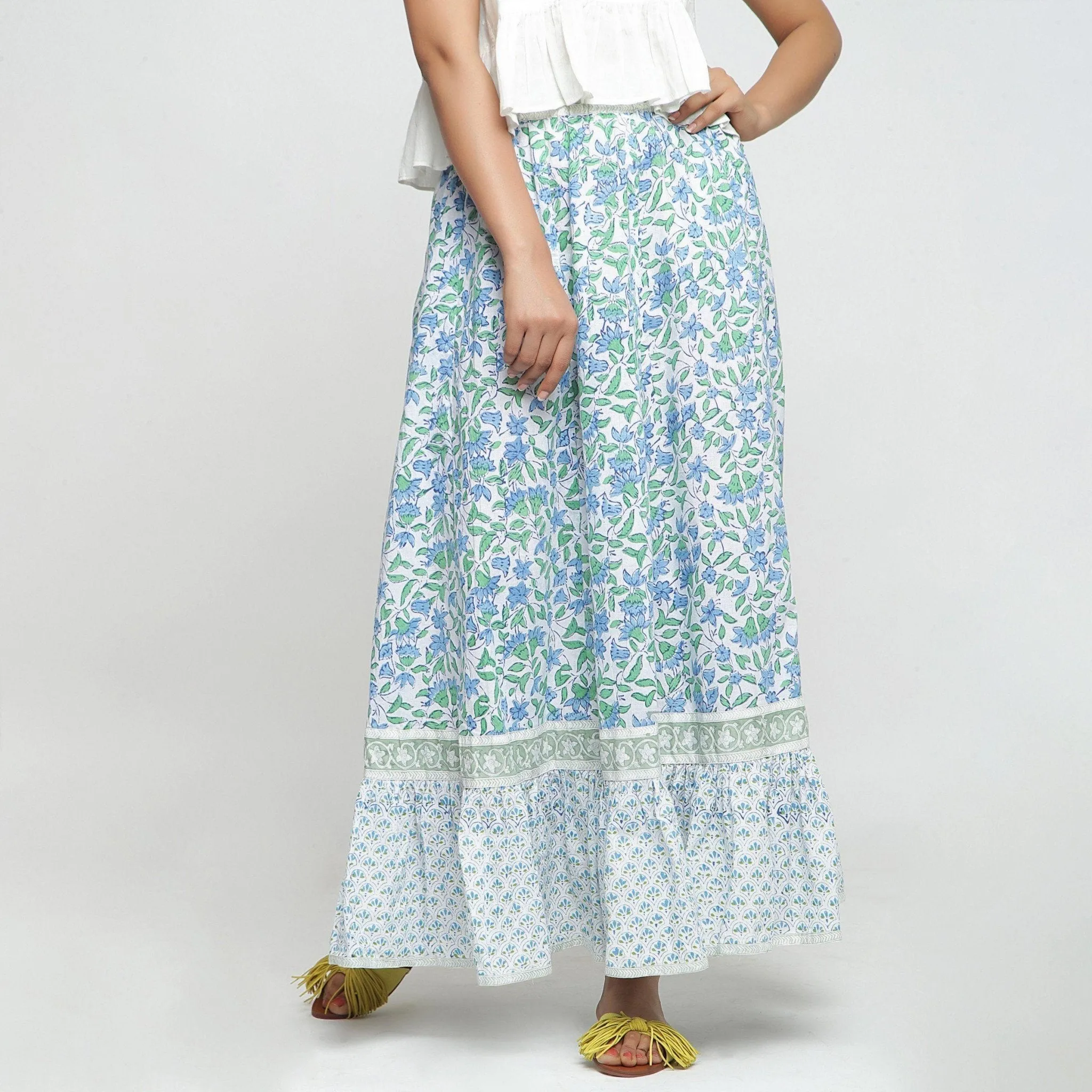 Blue Floral Block Printed Elasticated Mid-Rise Cotton Tier Skirt