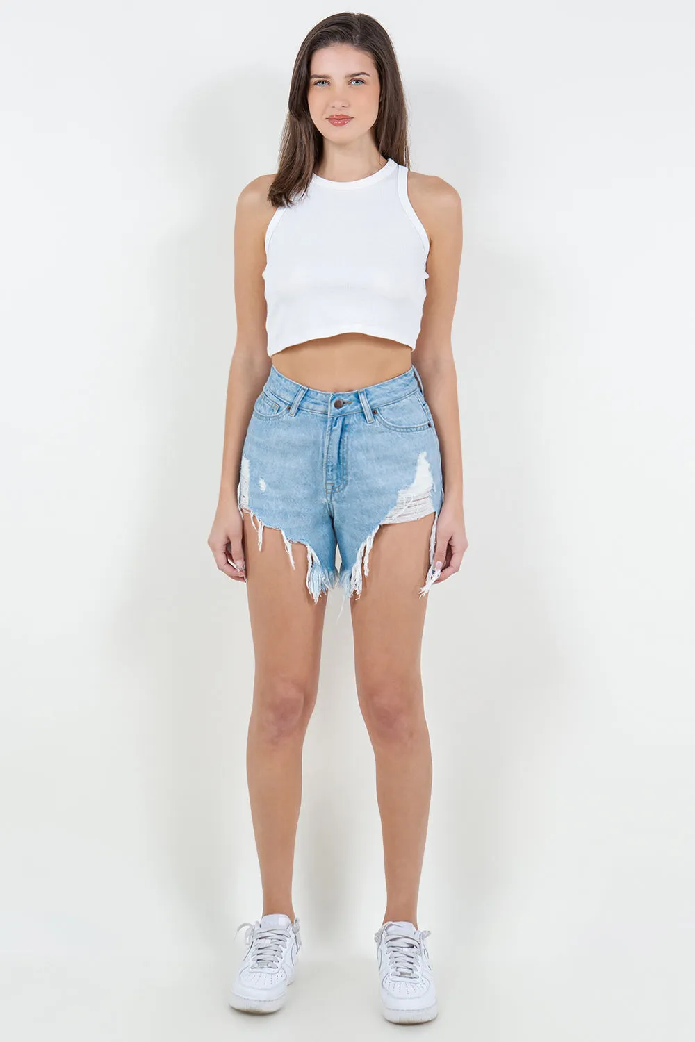 Blue Zone Planet |  American Bazi High Waist Fringed Hem Denim Shorts