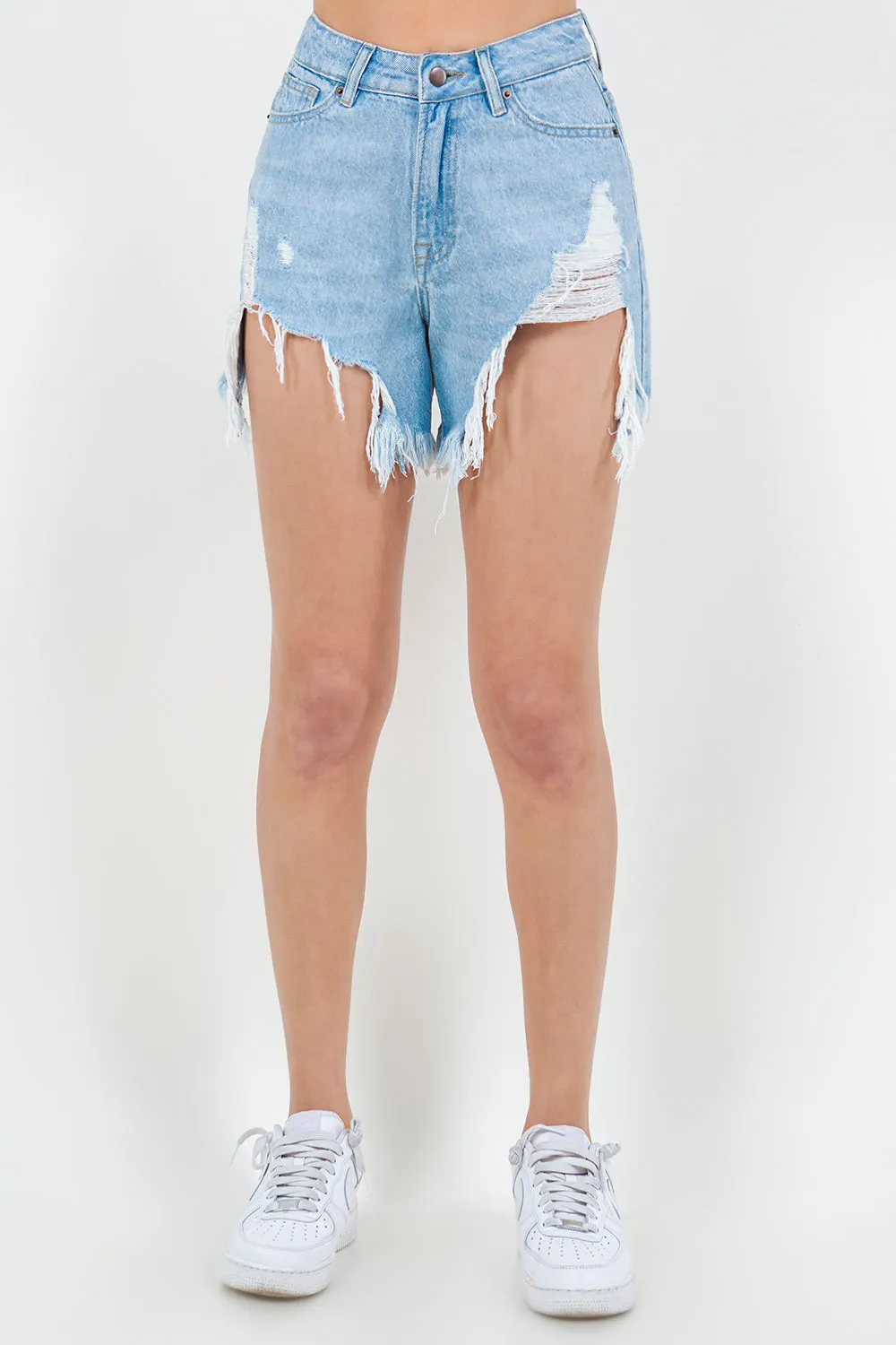 Blue Zone Planet |  American Bazi High Waist Fringed Hem Denim Shorts