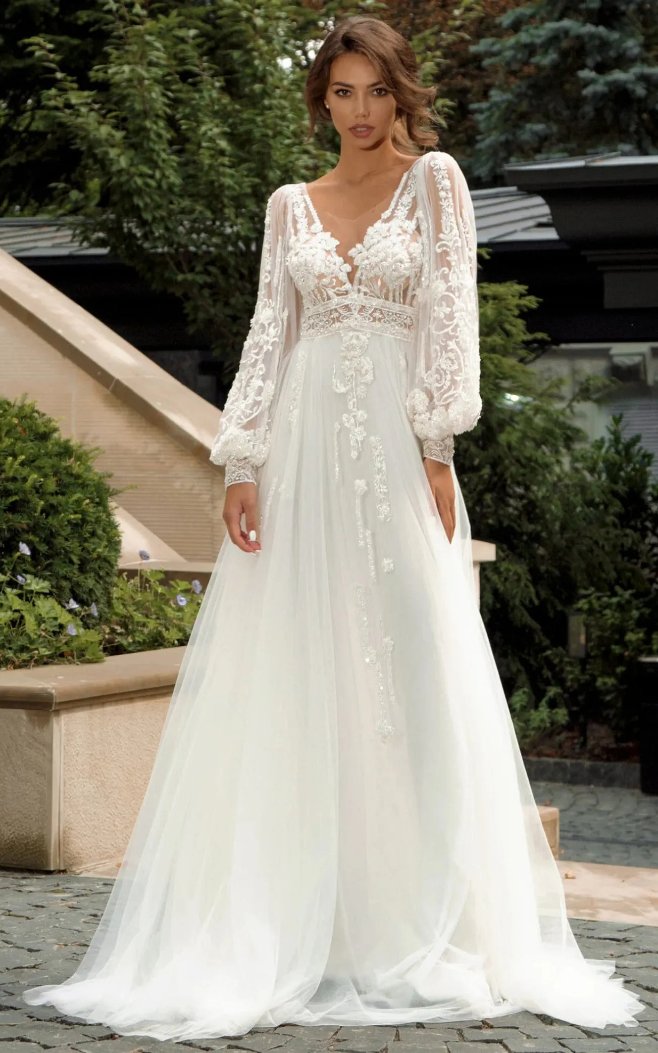 Bohemian A-Line Lace Wedding Dress V-neck Zipper Back Flowy Classy Beach-716672