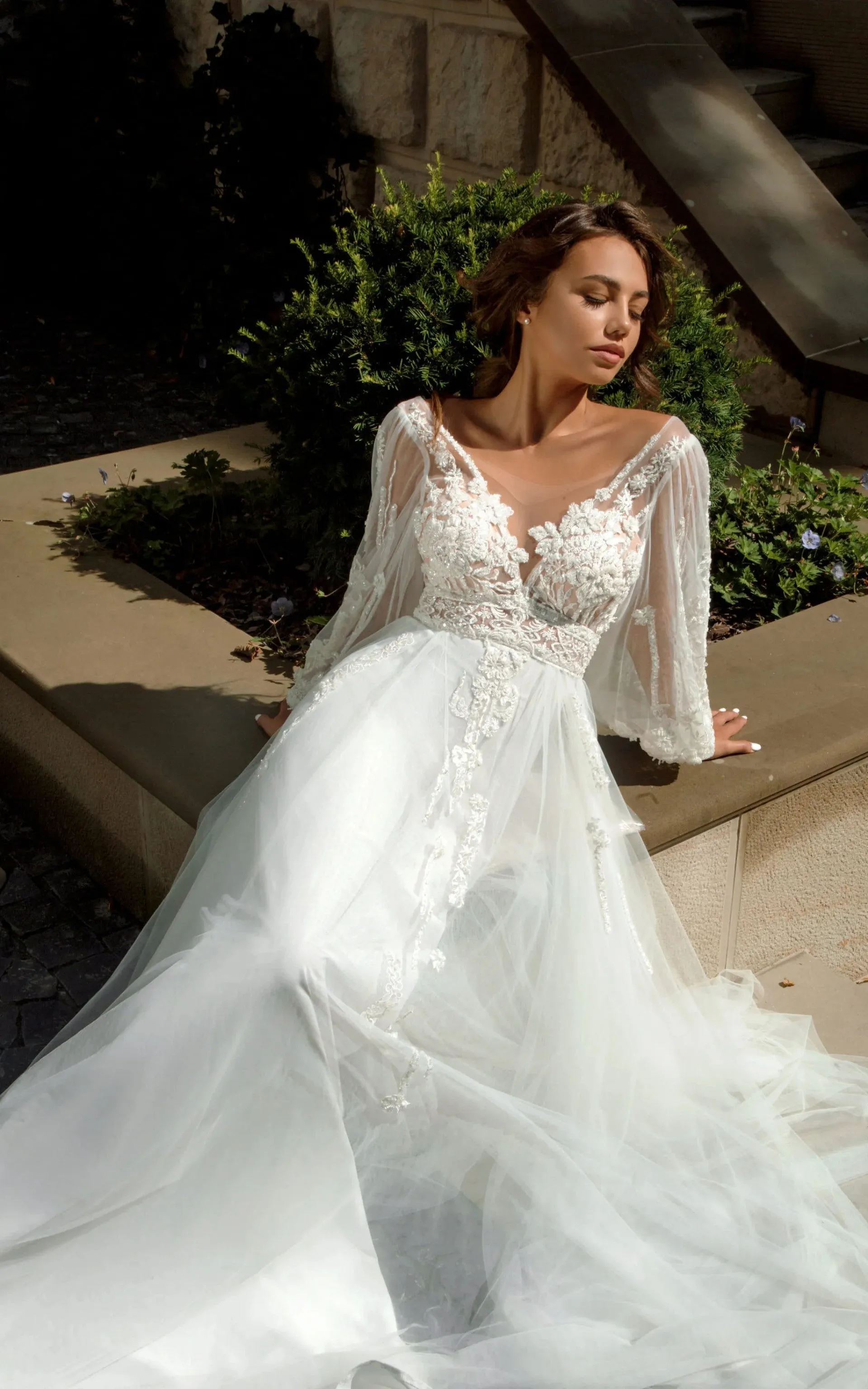 Bohemian A-Line Lace Wedding Dress V-neck Zipper Back Flowy Classy Beach-716672