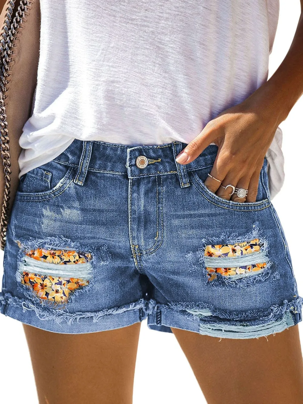 Bohemian Style Ripped Denim Shorts with Floral Accents