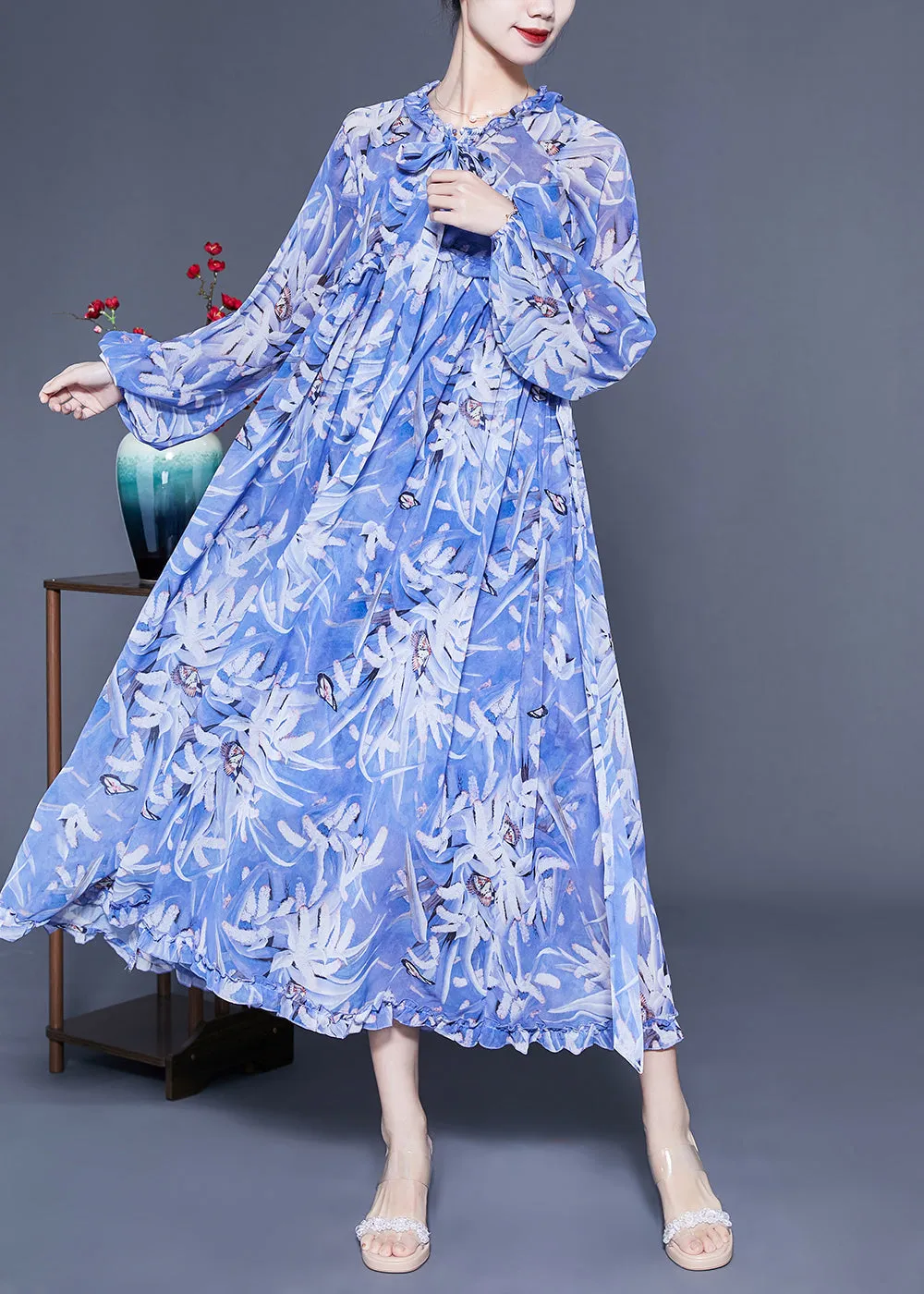 Boho Blue Ruffled Print Exra Large Hem Silk Beach Dresses Lantern Sleeve LC0432