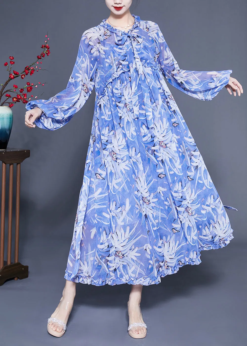 Boho Blue Ruffled Print Exra Large Hem Silk Beach Dresses Lantern Sleeve LC0432