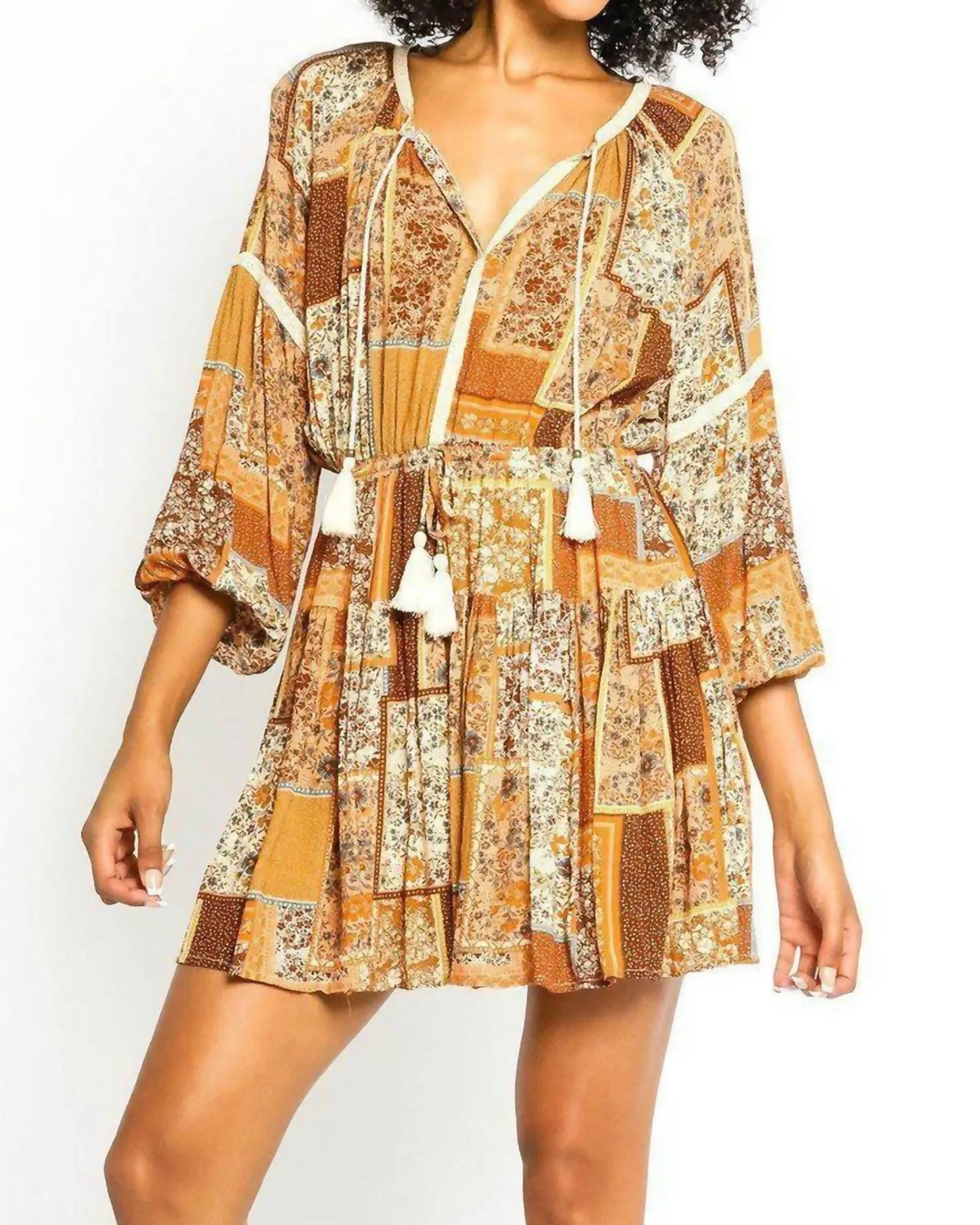 Boho Patchwork Dress in Mustard | Mustard