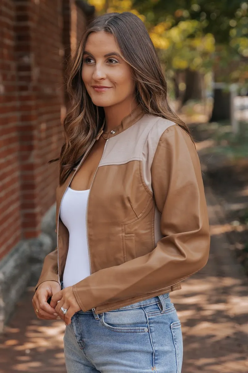 Brown Two Tone Faux Leather Jacket