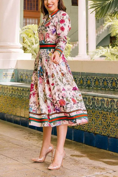 Button Floral Print Long Sleeve Pleated Dress