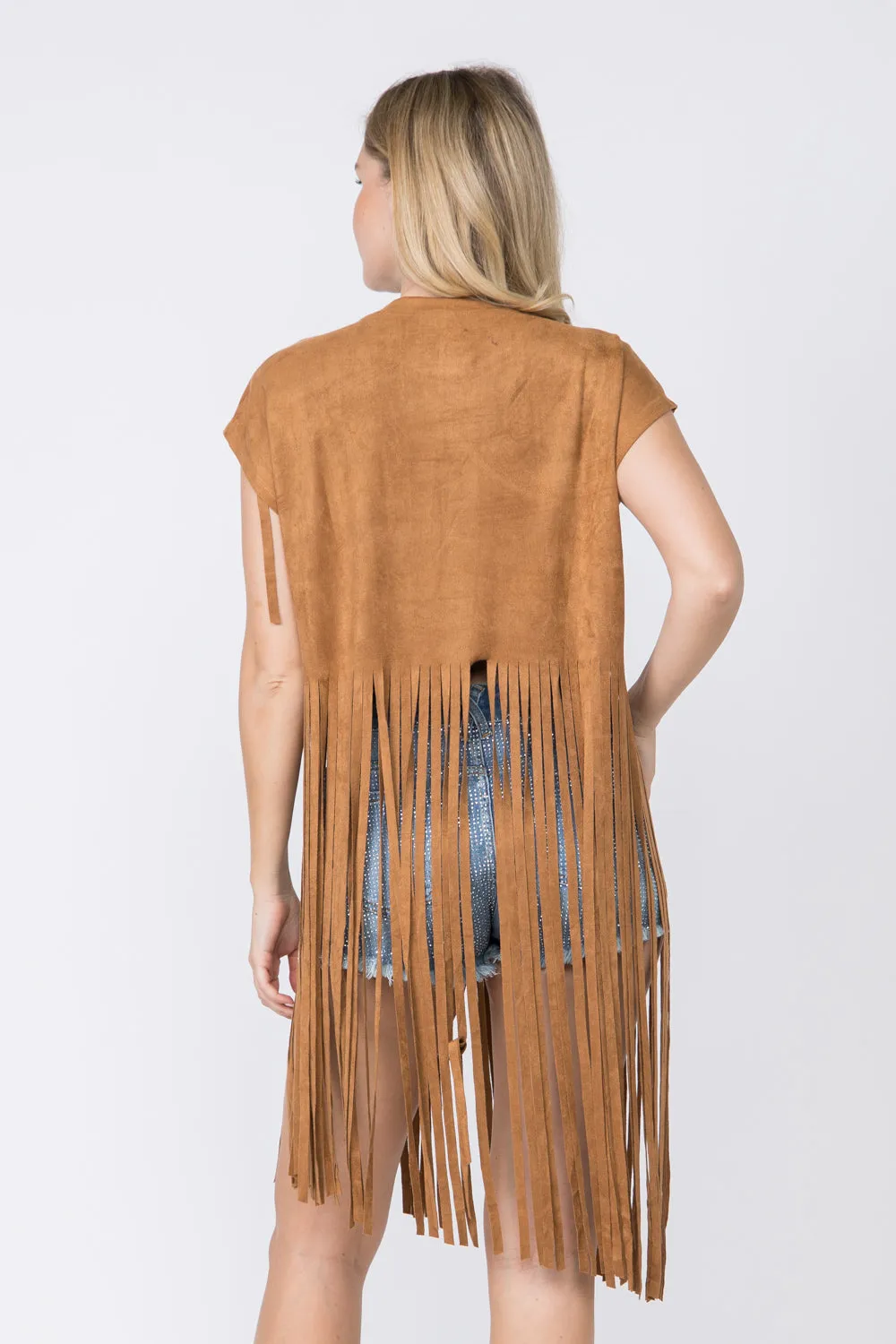 Camel Faux Suede Short Sleeve Fringed Top