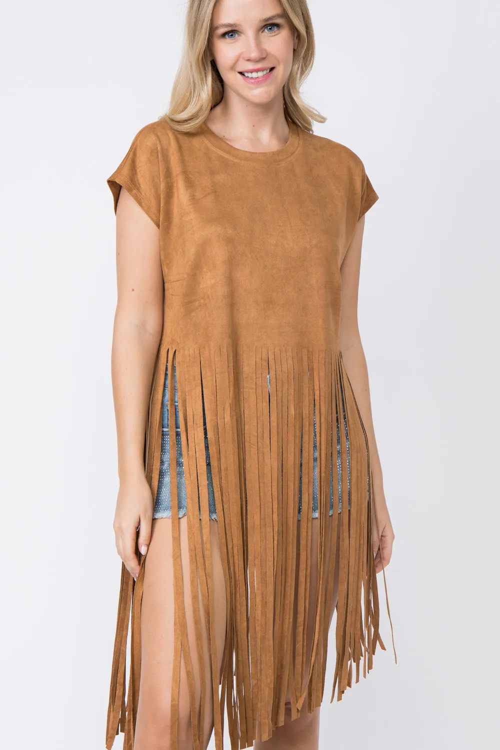 Camel Faux Suede Short Sleeve Fringed Top