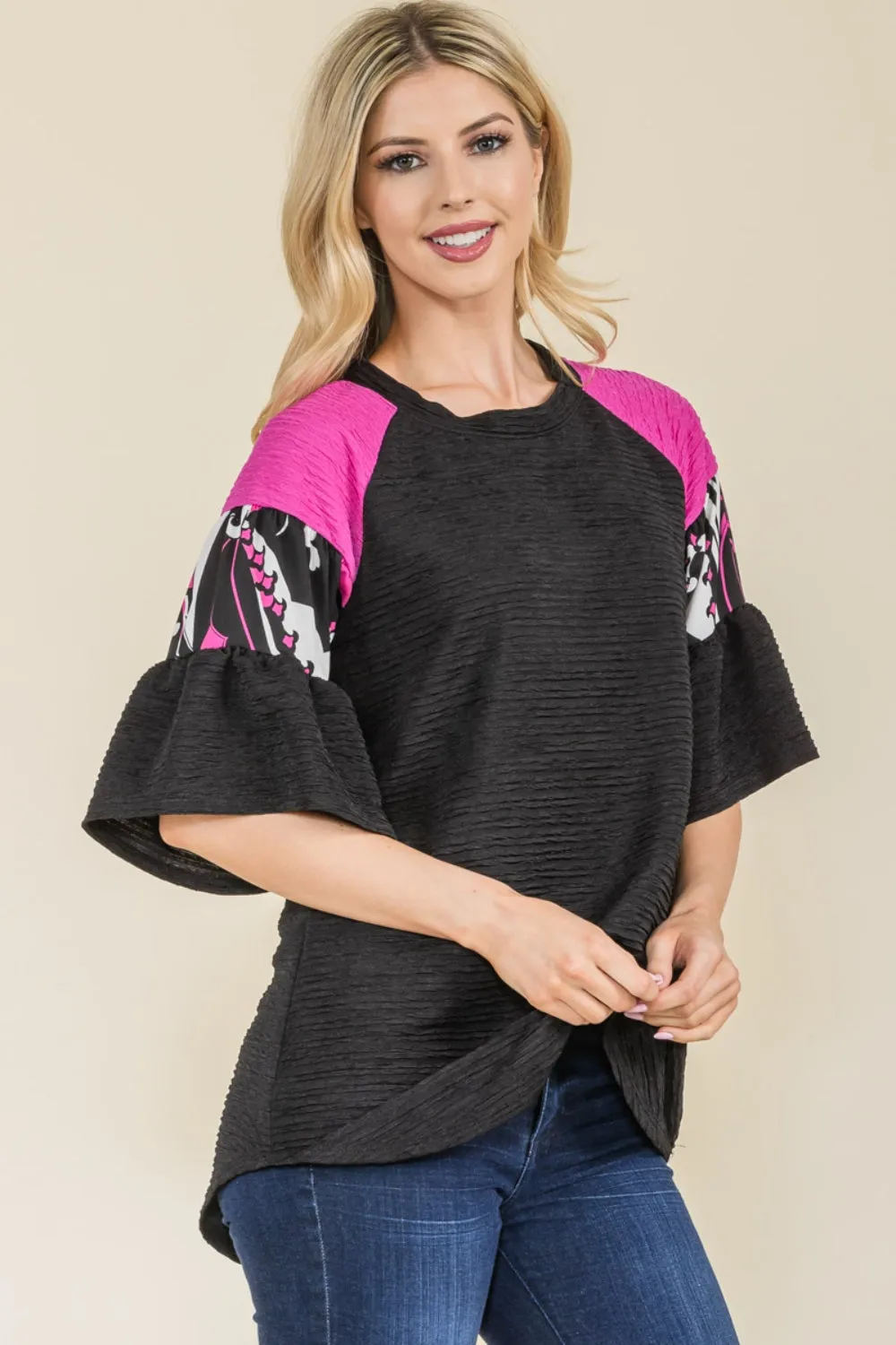 CELESTE Full Size Texture Printed Color Block Top