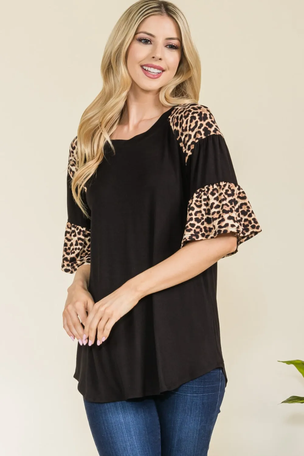 CELESTE Full Size Texture Printed Color Block Top