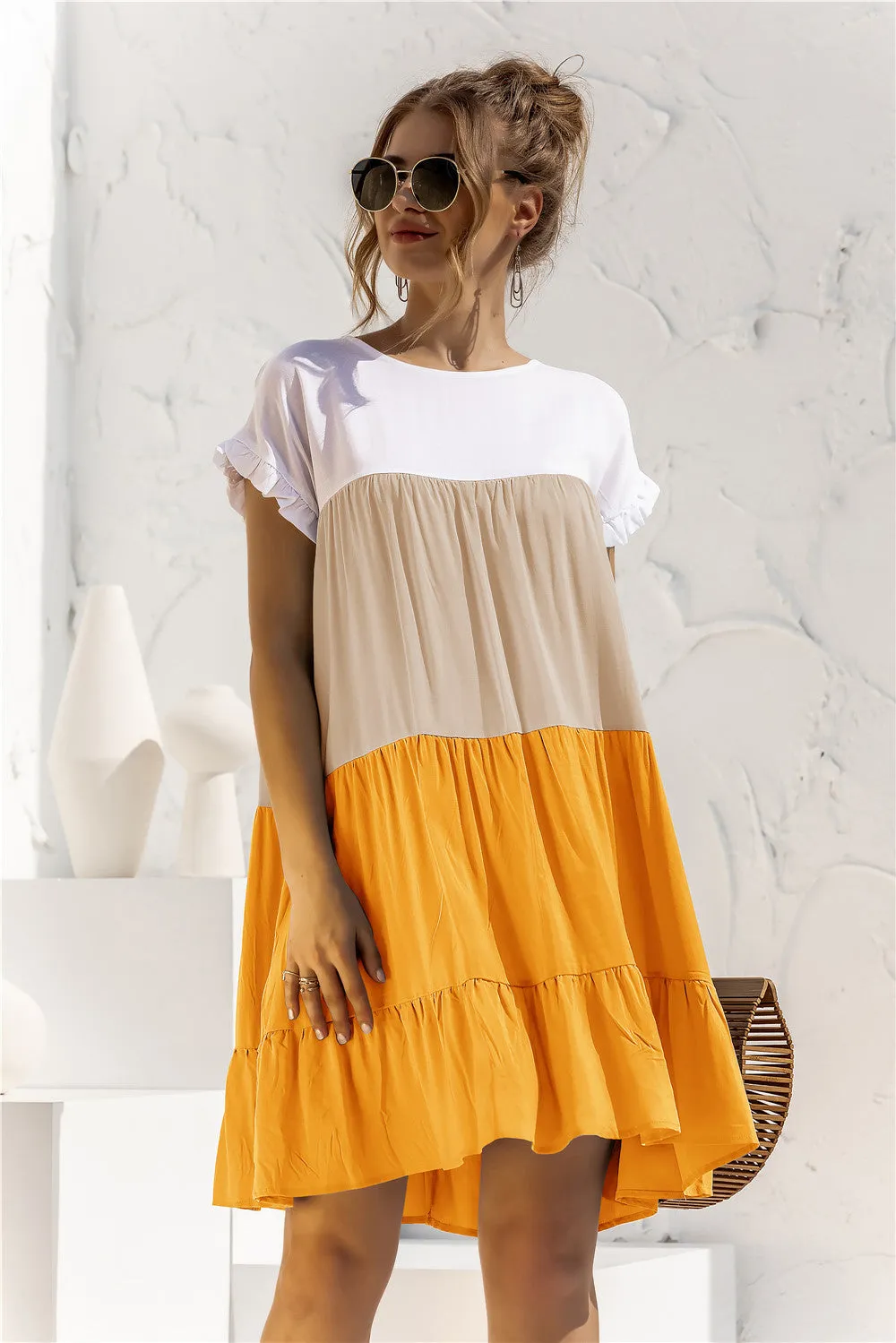 Color Block Round Neck Ruffle Hem Dress