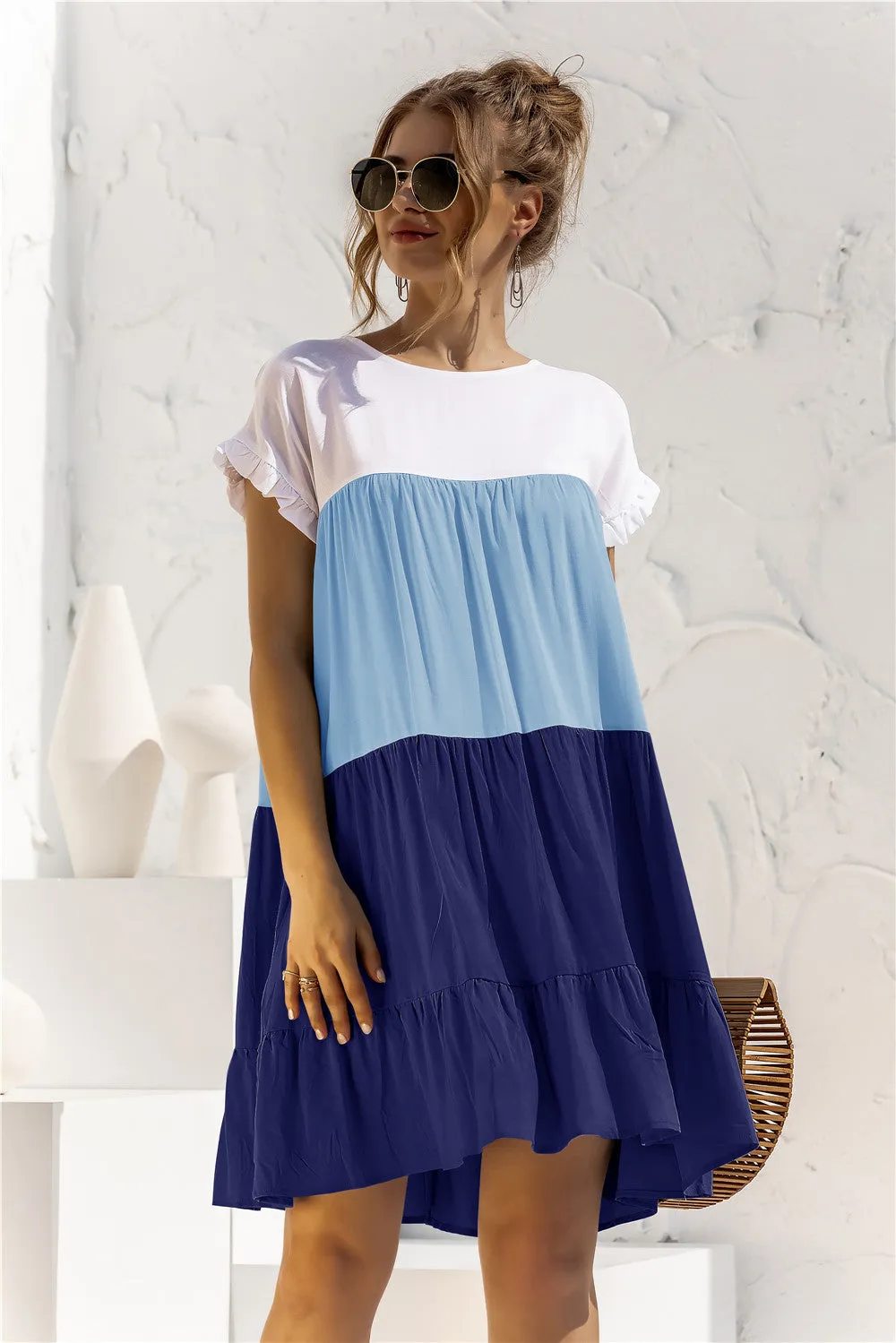 Color Block Round Neck Ruffle Hem Dress