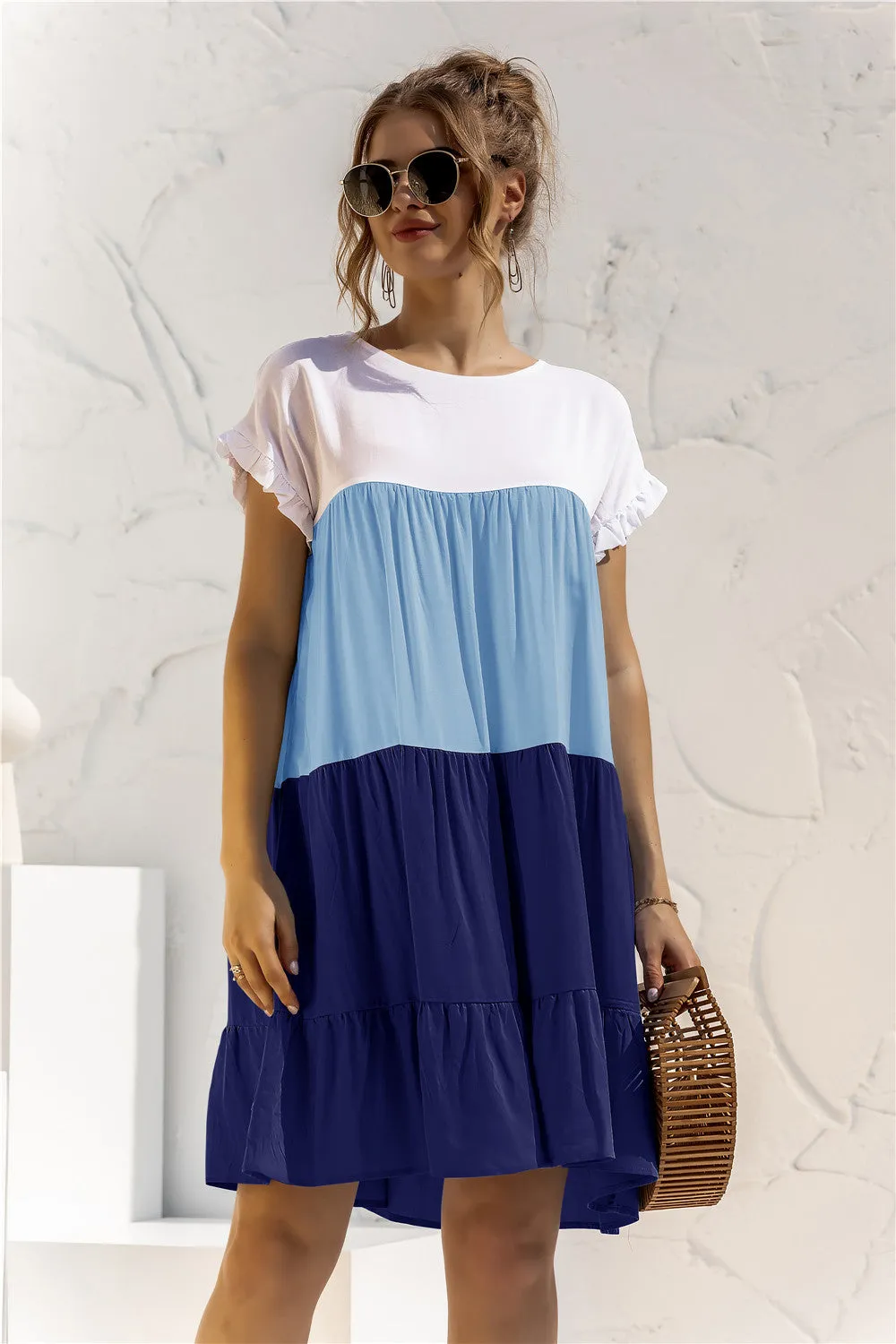 Color Block Round Neck Ruffle Hem Dress