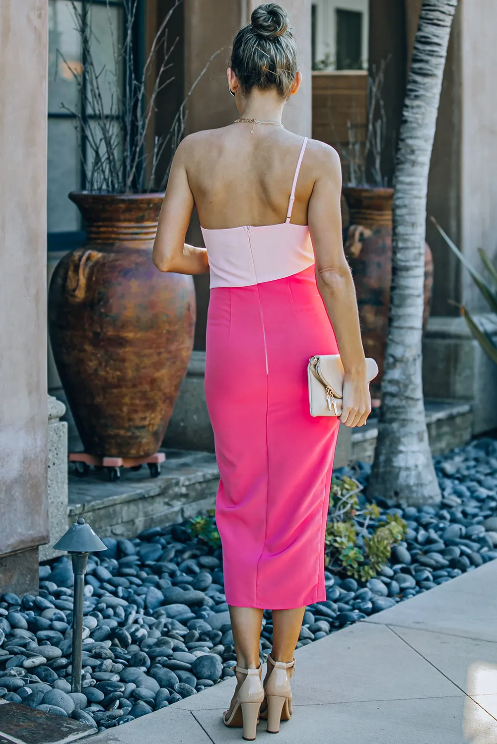 Color Block Side Slit One-Shoulder Midi Dress