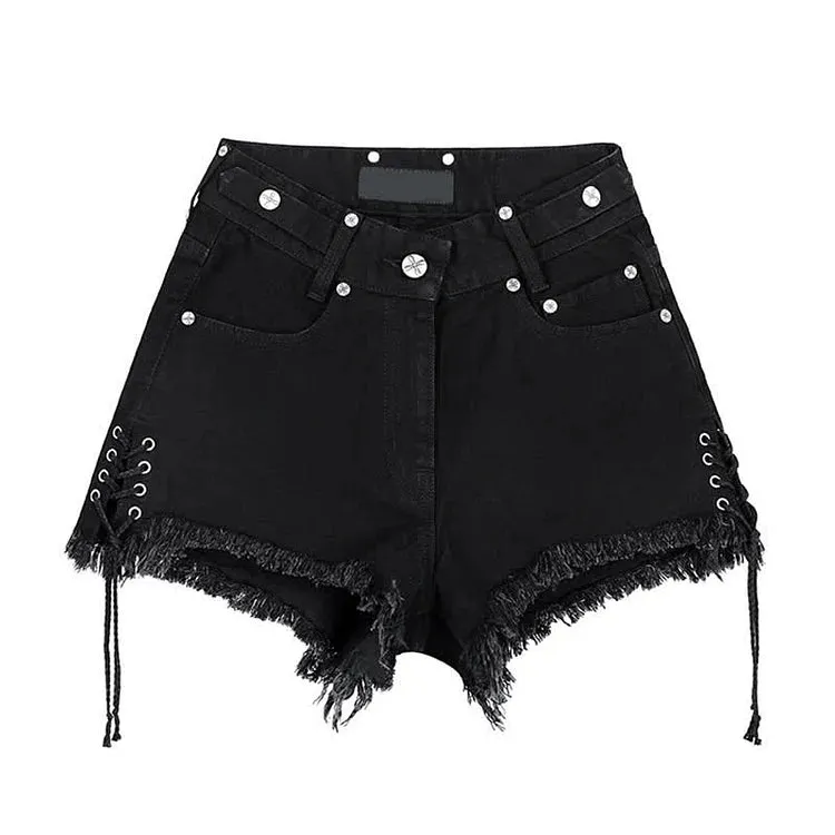 Cross Embroidery High Waist Lace Up Fringed Denim Shorts