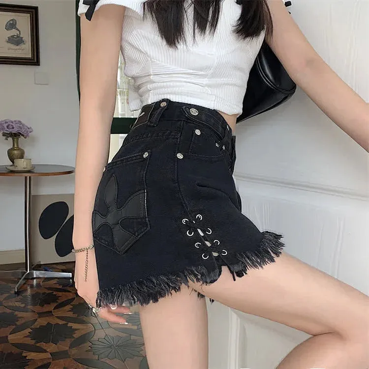 Cross Embroidery High Waist Lace Up Fringed Denim Shorts