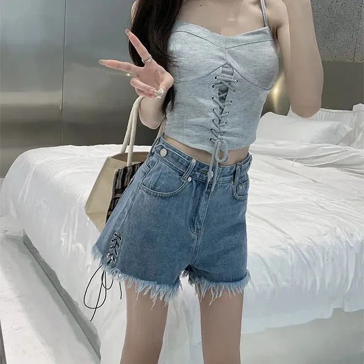 Cross Embroidery High Waist Lace Up Fringed Denim Shorts