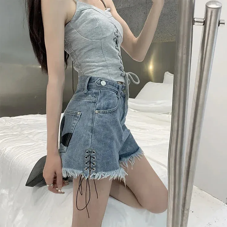 Cross Embroidery High Waist Lace Up Fringed Denim Shorts