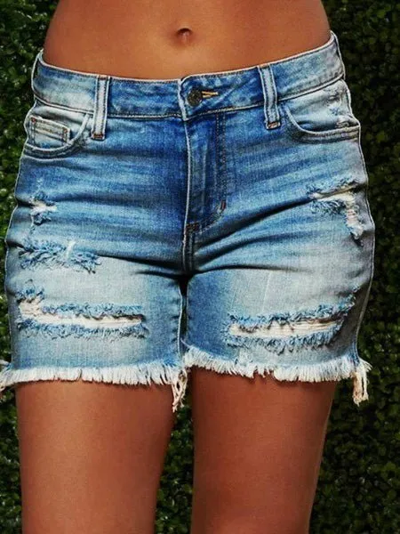 Denim Shorts Ripped Fringed High-Stretch Denim Shorts for Women