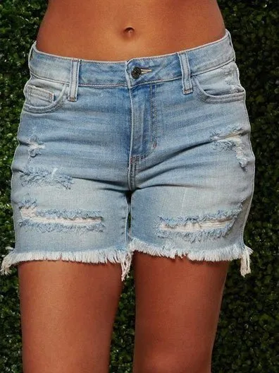 Denim Shorts Ripped Fringed High-Stretch Denim Shorts for Women