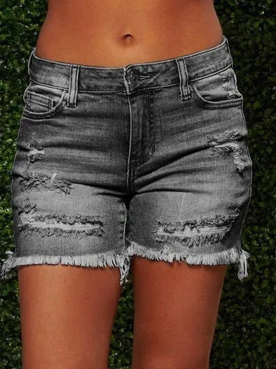 Denim Shorts Ripped Fringed High-Stretch Denim Shorts for Women