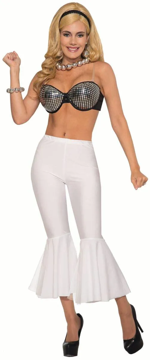 Disco Women's Crop Bell Bottom Costume Pants, White, One Size