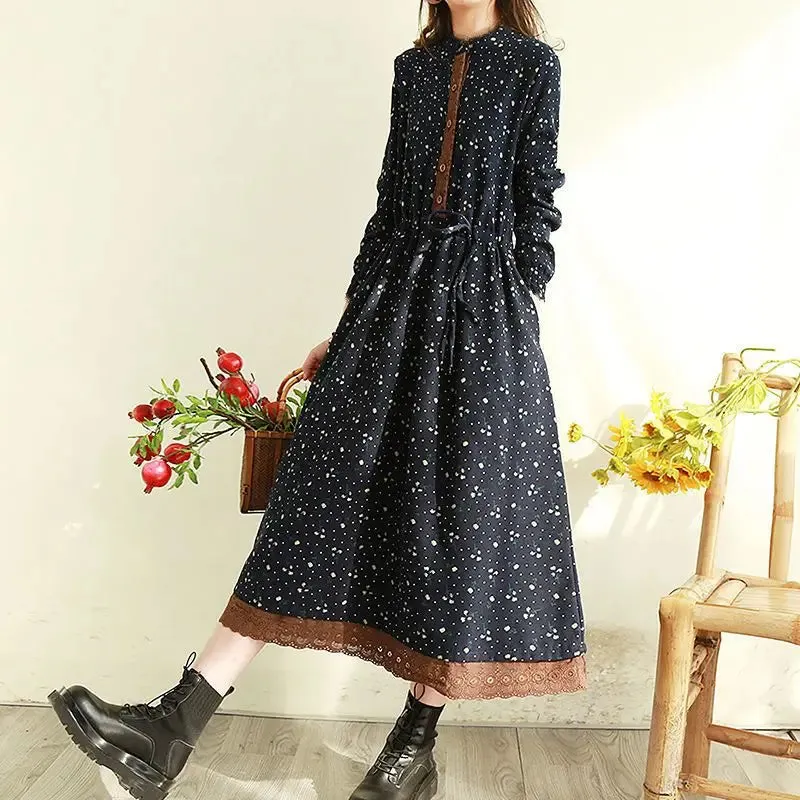 DressBetty - 2024 Vintage Loose Long Sleeve Cotton Linen Print Midi Boho Dress