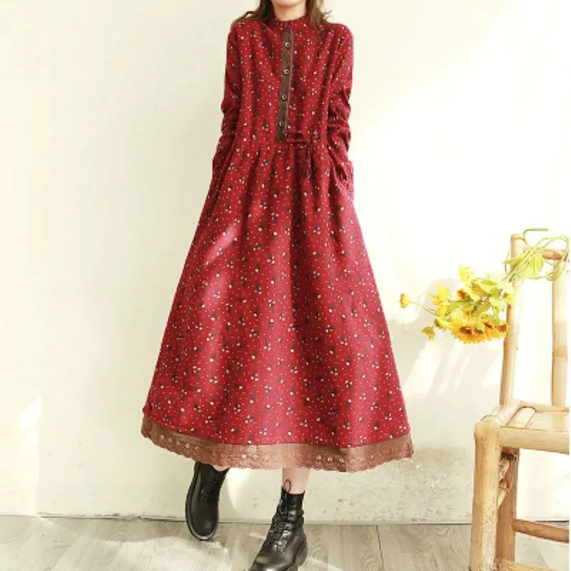 DressBetty - 2024 Vintage Loose Long Sleeve Cotton Linen Print Midi Boho Dress