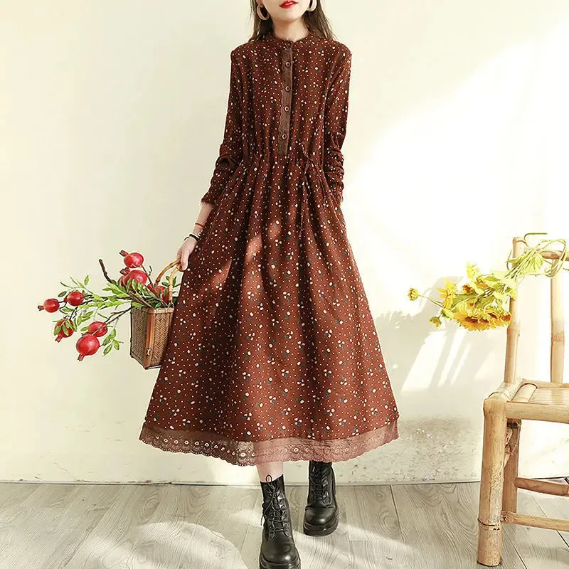 DressBetty - 2024 Vintage Loose Long Sleeve Cotton Linen Print Midi Boho Dress